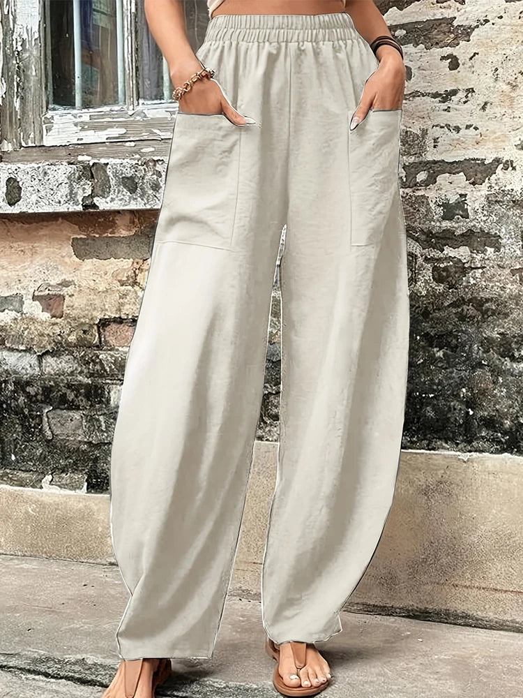 Plus Size Women's Cotton-Linen Harem Trousers Retro Loose-Fit Casual Trousers Elasticated Waistband Workwear Wide-Leg Trousers