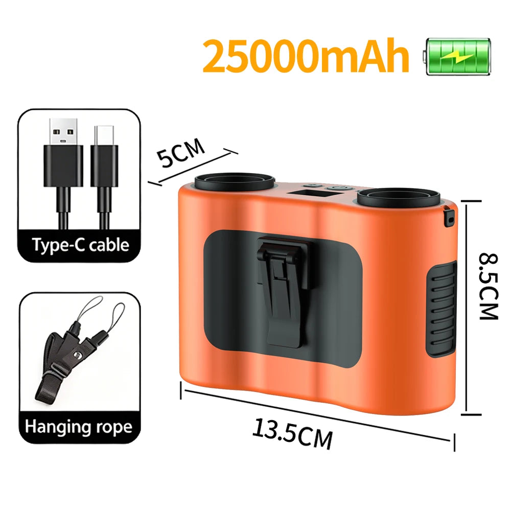 25000mAh Outdoor Waist Clip Fan Handheld Hanging Neck Fan 5-Speed Strong Wind Dual Air Vents USB Rechargeable Power Bank