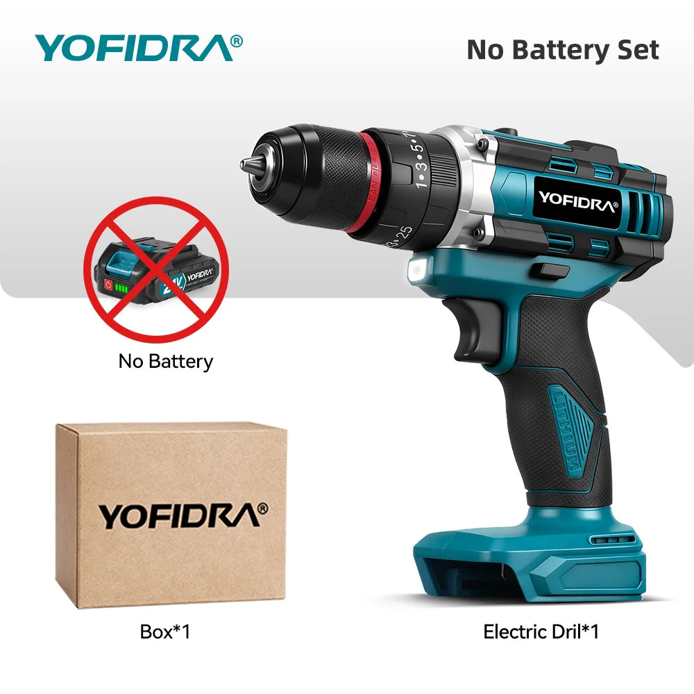 YOFIDRA 3 IN 1 25+3 Torque Electric Impact Drill Cordless Impact Drill Househeld Woodworking Power Tool for Makita Battery Pin