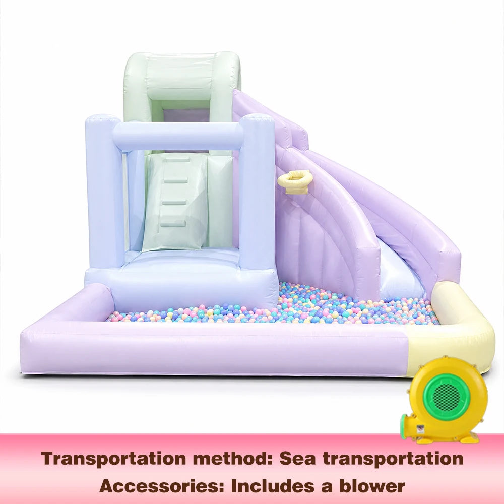 Pastel Macaron Inflatable Bouncer with Water Slide and Ball Pit PVC Wet Dry Bouncy Castle with Basketball Hoop for Kids Party