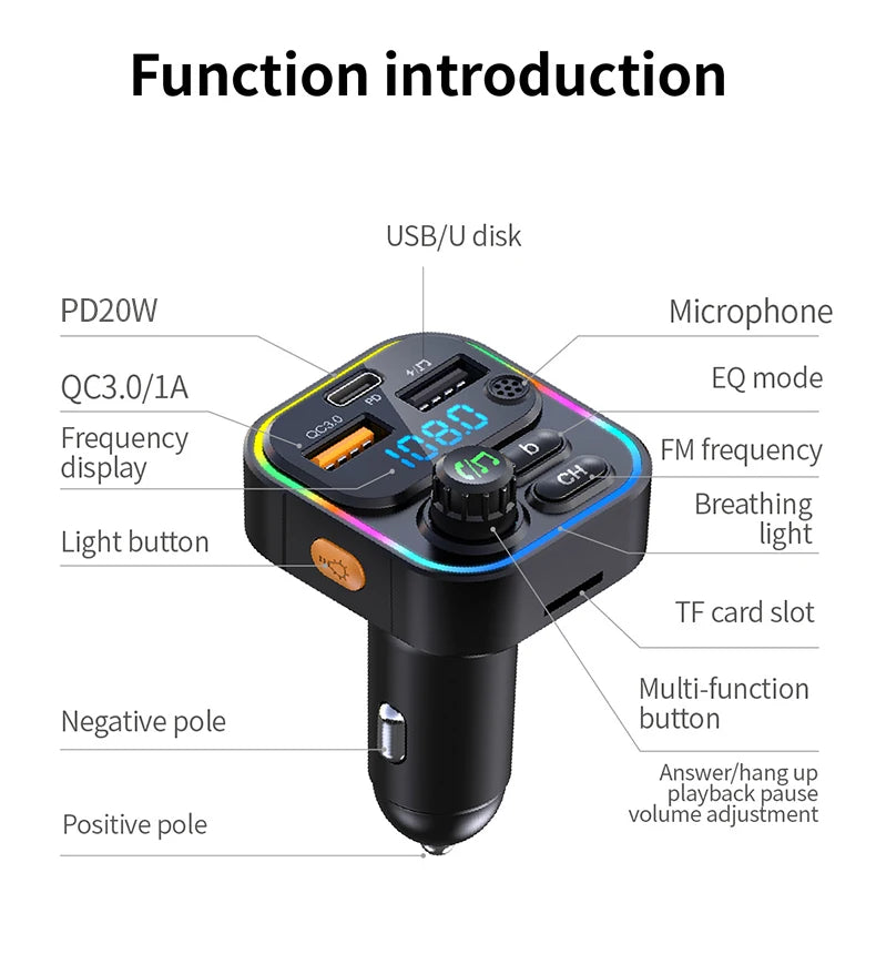 FM Transmitter Bluetooth 5.3 Handsfree Car AUX Radio Modulator MP3 Player with PD20W QC3.0 Fast Charge Adapter Car Accessories