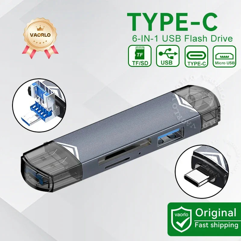 6-in-1 USB 3.0 & Type-C Card Reader OTG – Multi-function SD/TF/Micro SD Card Adapter with USB 3.0 Port, High Speed Data Transfer