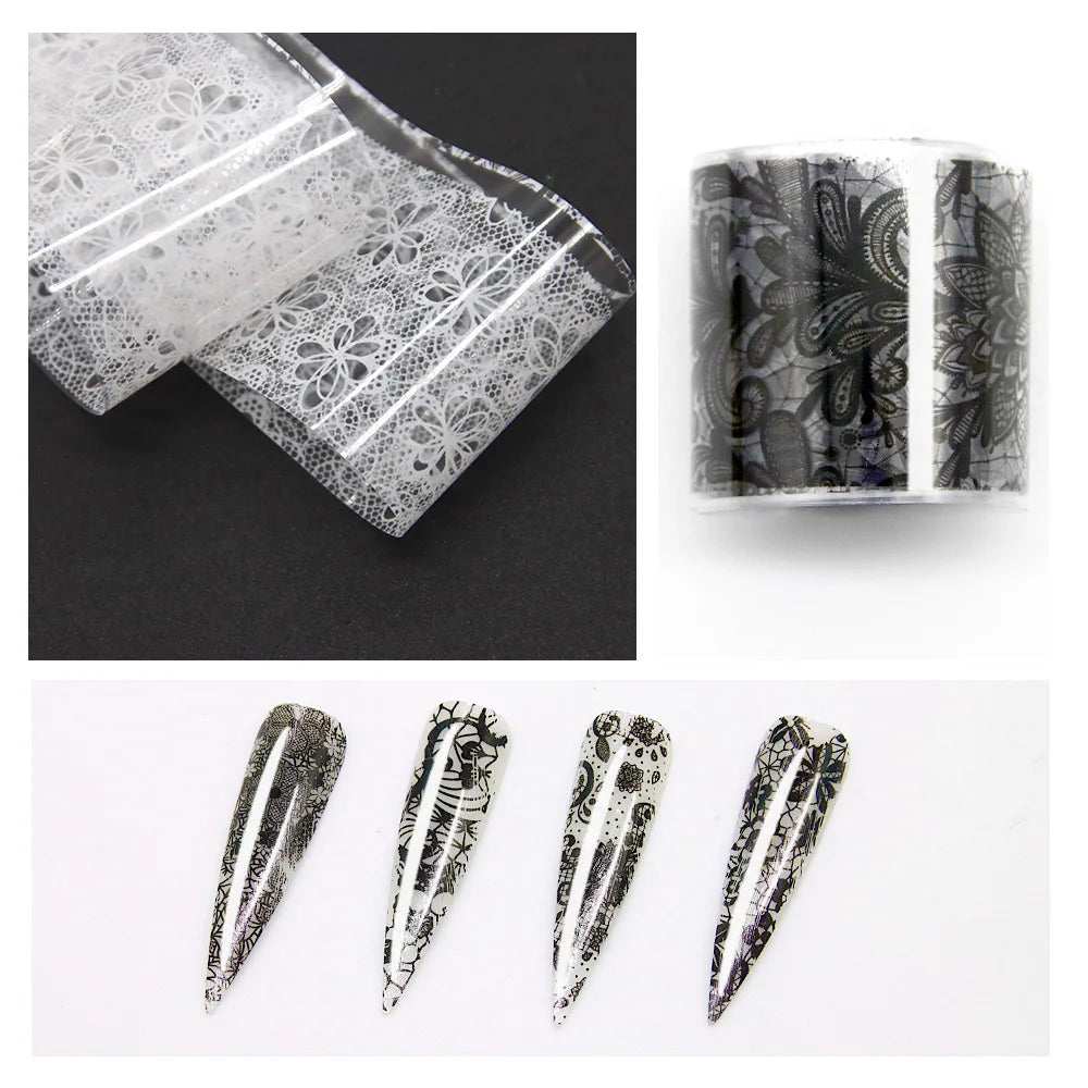 10 Rolls 2.5*50cm New Black White Lace Transfer Foil Nail Art Sexy Full Wraps Flower Glue Adhesive DIY Manicure Styling Tools