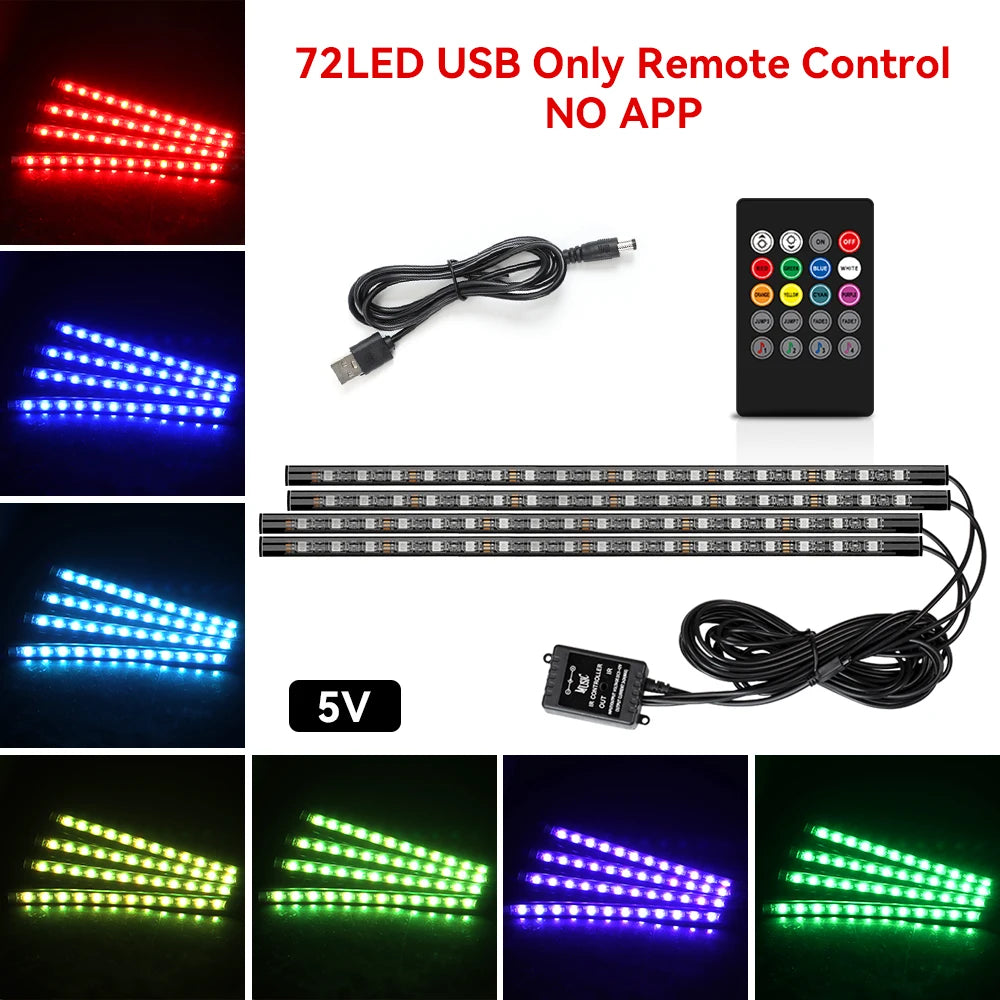 Car Interior Light Ambient Light with USB Cigarette Decorative Lamps RGB Car Footwell Light with Remote/Voice Control