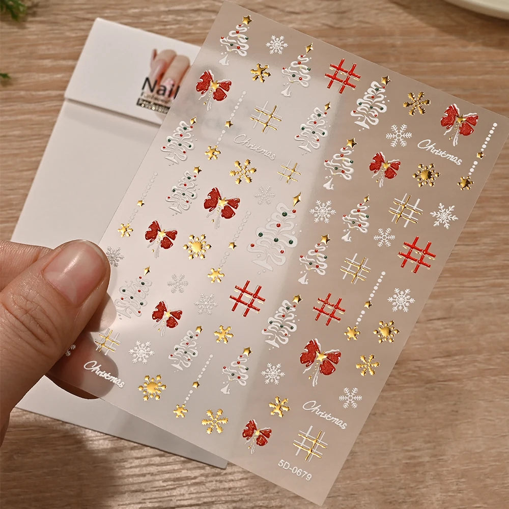 5D Embossed Gold Castle/Garland/Christmas Tree Nail Stickers White Snowflakes Bow Star Nail Decals Self-Adhesive Xmas Nail Decor