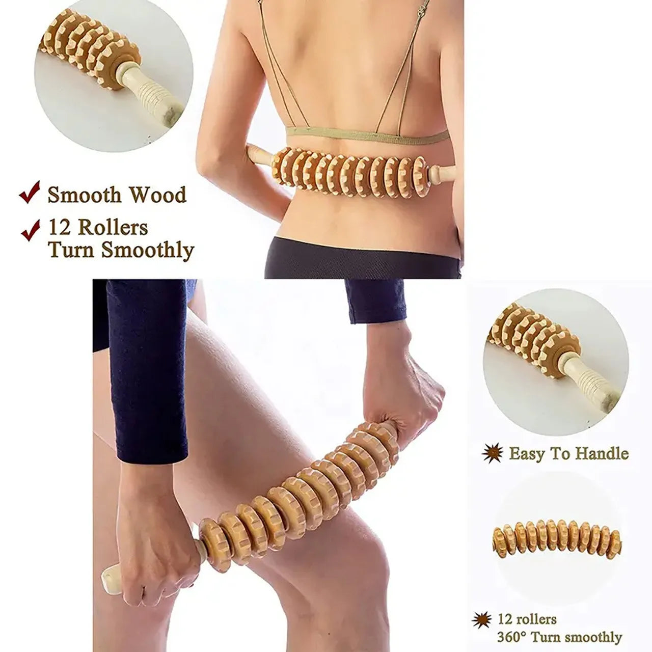 Full Body Massager Fascia Massage Tool Anti-slip Ratcheted Wooden Handle for Arms Legs Hips Soft Rolling Massage