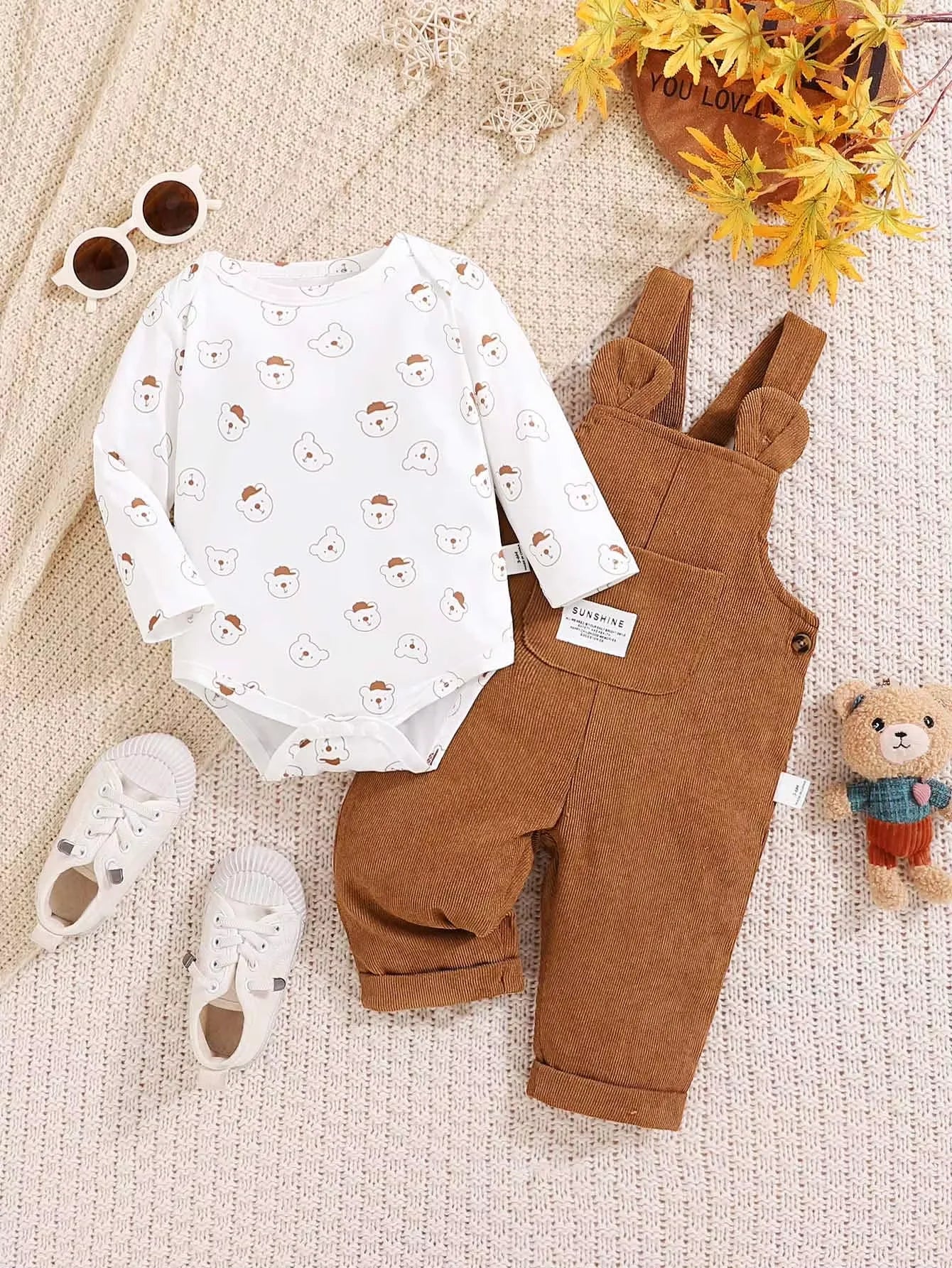 3-24 Months Toddler Baby Boy 2PCS Clothing Set Bear Print Bodysuit with Green Overall Fashion Cute Autumn and Winter Costumes