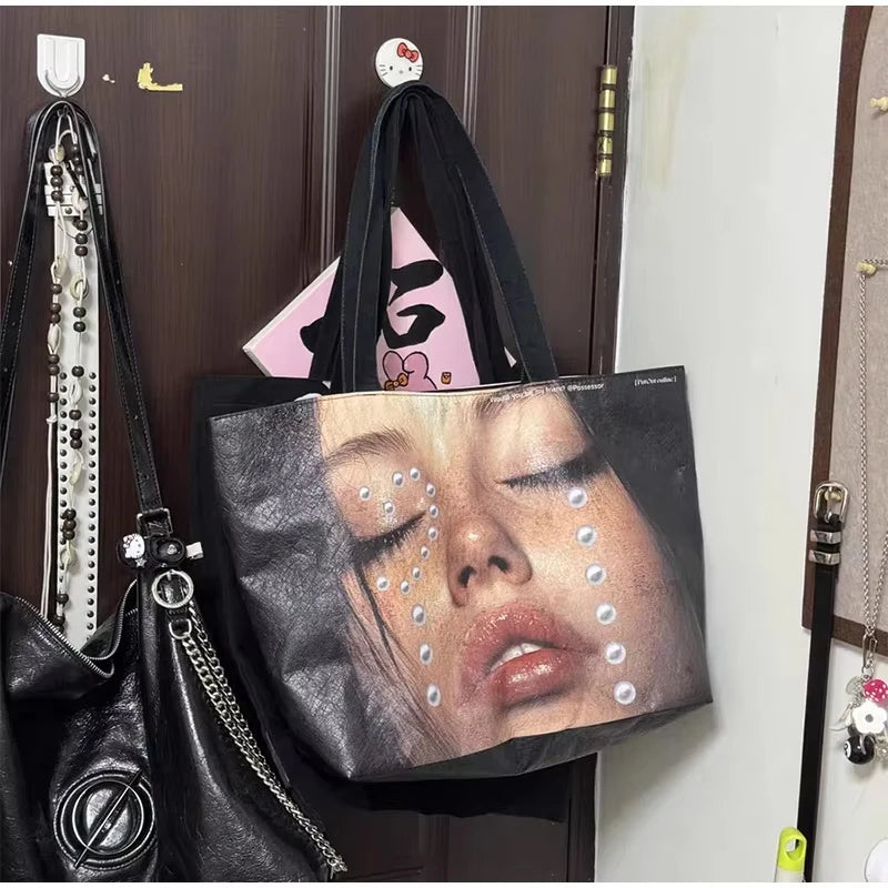 Brand Portrait Print Tote Bag Large Capacity Top-handle Shopper Bag Fashion Pvc Kraft Paper Shoulderbag Waterproof Pouch Storage