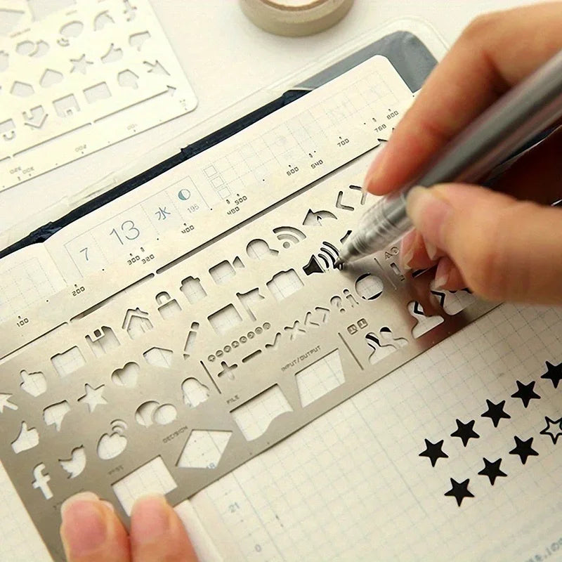 2pcs/set Vintage Portable Stainless Steel Stencils Hollow Ruler Planner Travel Diary Notebook DIY Tool Template Gift Stationery