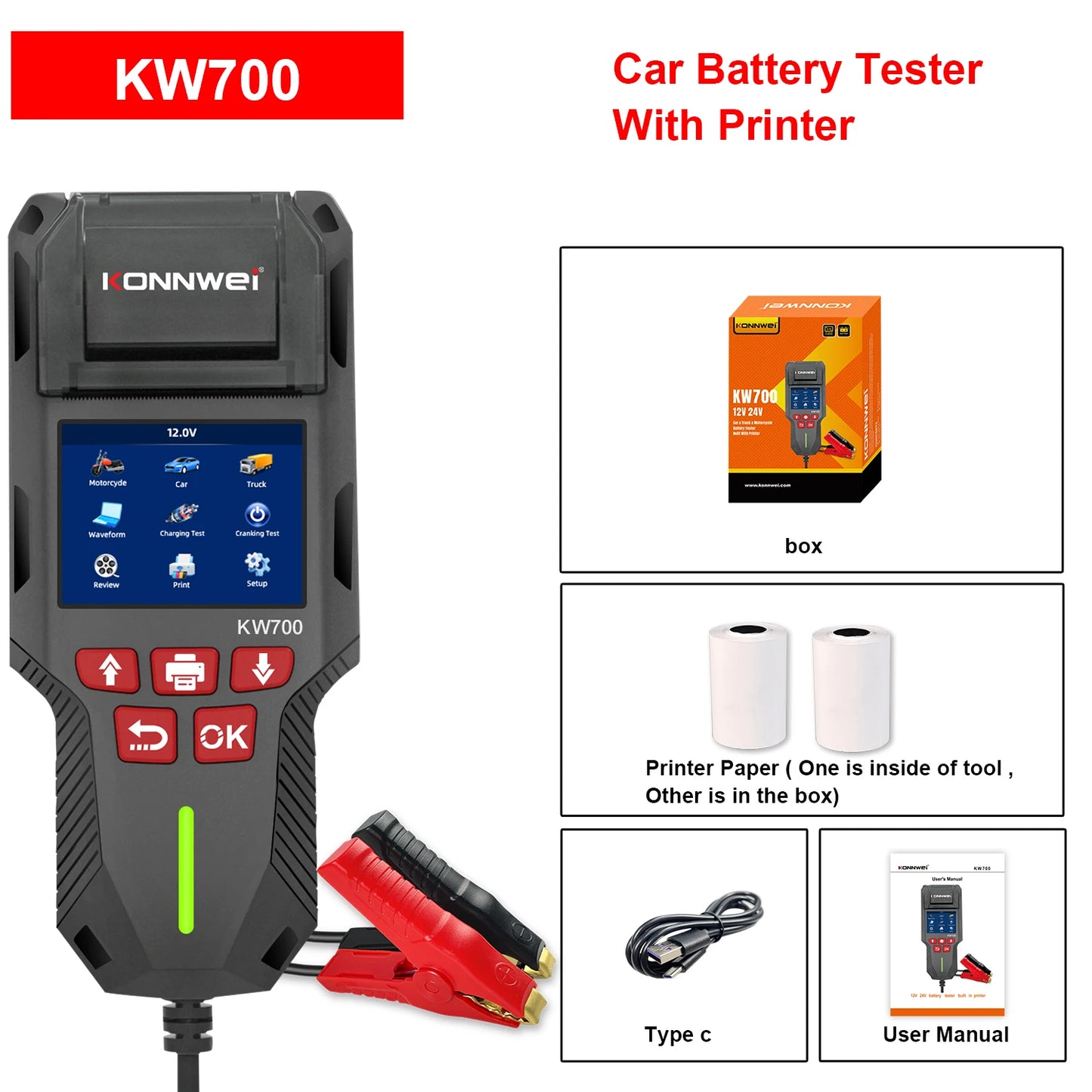 KONNWEI KW700 12/24V Car Truck Battery Tester 10-2000CCA With Printer Cranking Charging Test Tool Battery Analyzer Cranking Test