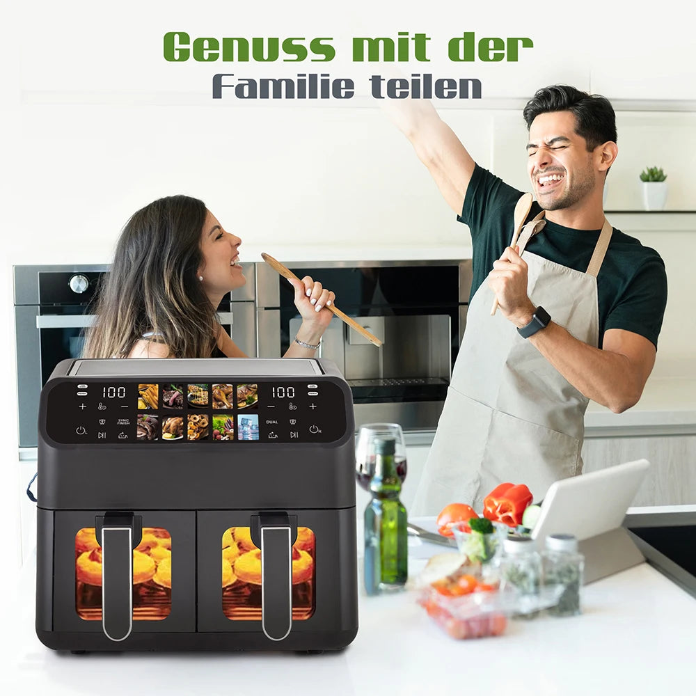 Sinaopus 9L Dual Basket Air Fryer – Oilless Cooker with LED Touch Control & Visible Window, 10-in-1 Multifunction, Family Smart Air Fryer Oven for Home