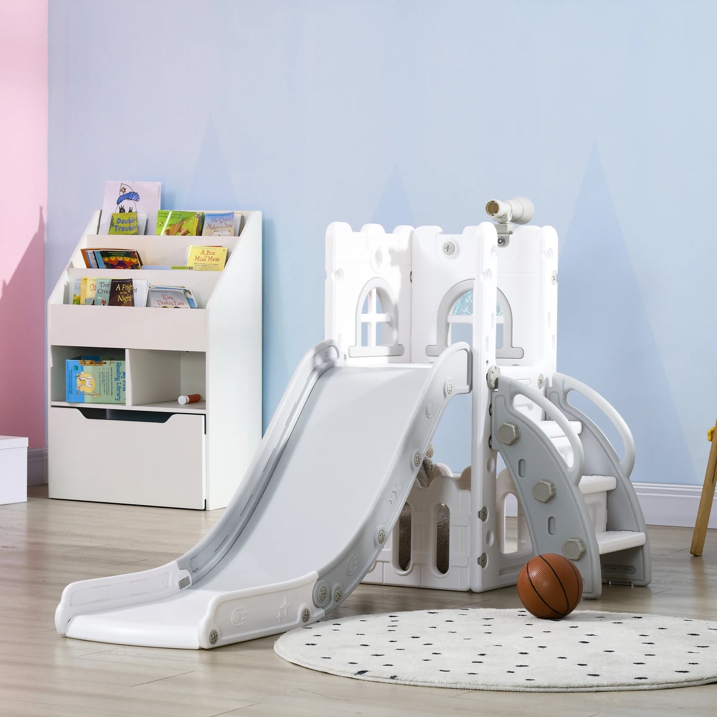 Children's Slide, 5 in 1, Toddler Slide with Basketball Hoop, Telescopic Climbing Frame Gray 70 X 177 X 92 cm, Children's Toy Slide, Toy Slide, Outdoor Slide
