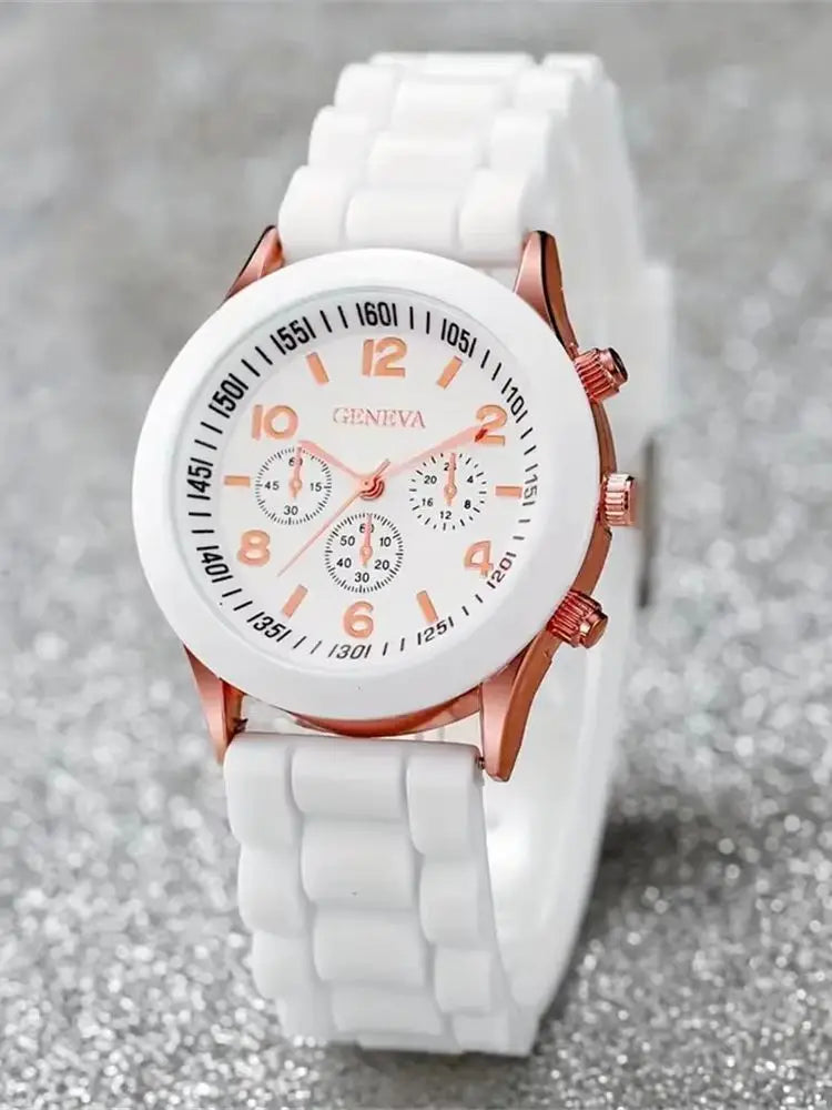 6PCS/Set Women's Watches Casual Silicone Band Analog Quartz Watch Heart Pearls Jewelry Set(Without Box)