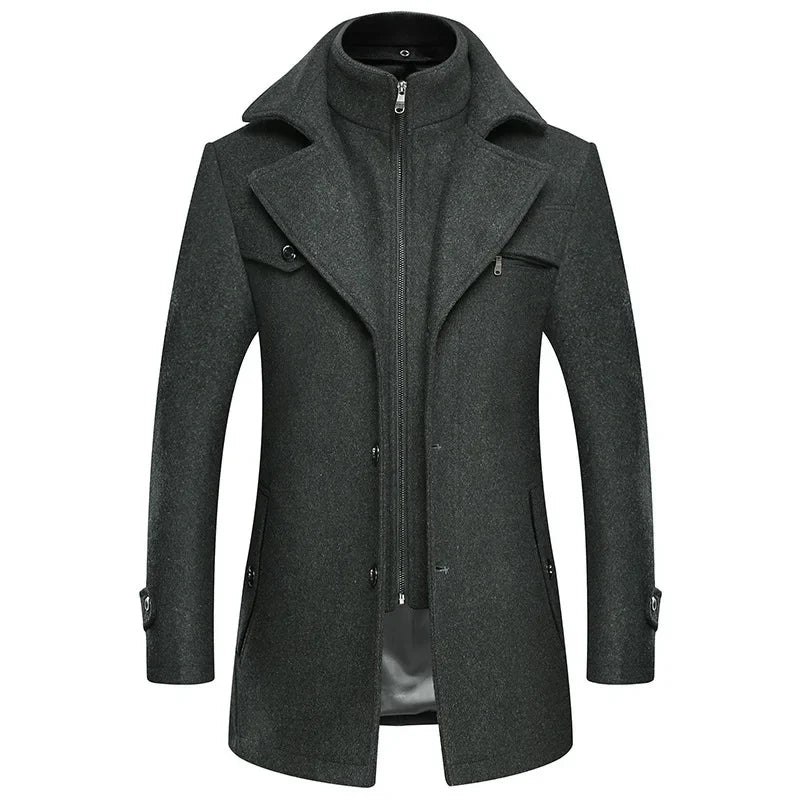 Autumn Winter Double Collar Woolen Coats Men Thick Business Casual Wool Blends Trench Coat Male Solid Turn Down Collar Outerwear