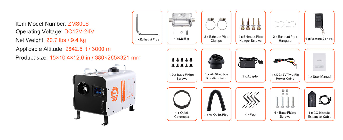 SucceBuy 2/8KW Diesel Heater 12V/24V All in One Diesel Air Heater with Bluetooth CO Alarm Portable Diesel Heater Car Heater for Vehicles and Outdoors