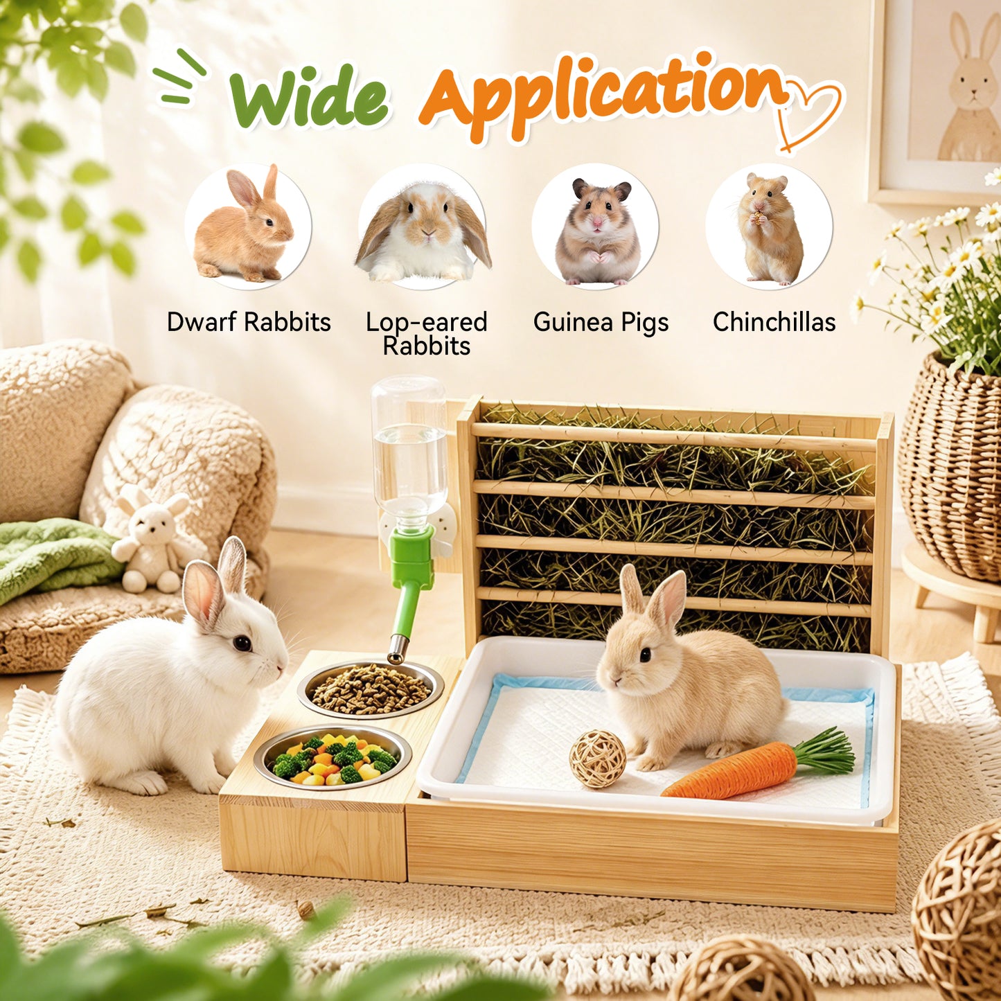 4-in-1 Hay Grater For Rabbits, Feeding Station Removable Hay Distributor For Guinea Pigs With Litter Tray, 2 Trays And Bottle Wood Feeder For Small Animals