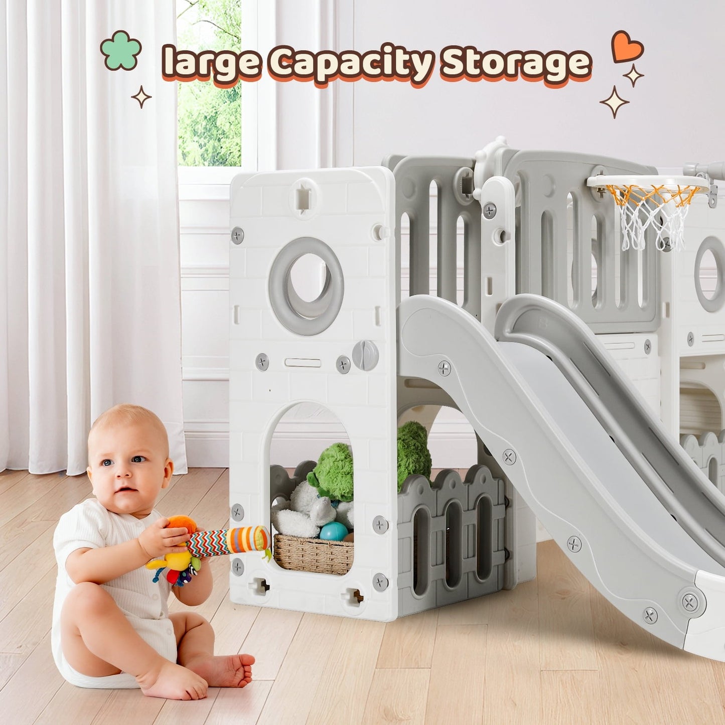 Toddler Slide, 9 in 1 Kids Slide and Climber Playset Indoor Outdoor Playground for Children, w/Basketball Hoop & Ball Telescope