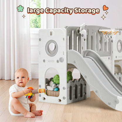 Toddler Slide, 9 in 1 Kids Slide and Climber Playset Indoor Outdoor Playground for Children, w/Basketball Hoop & Ball Telescope