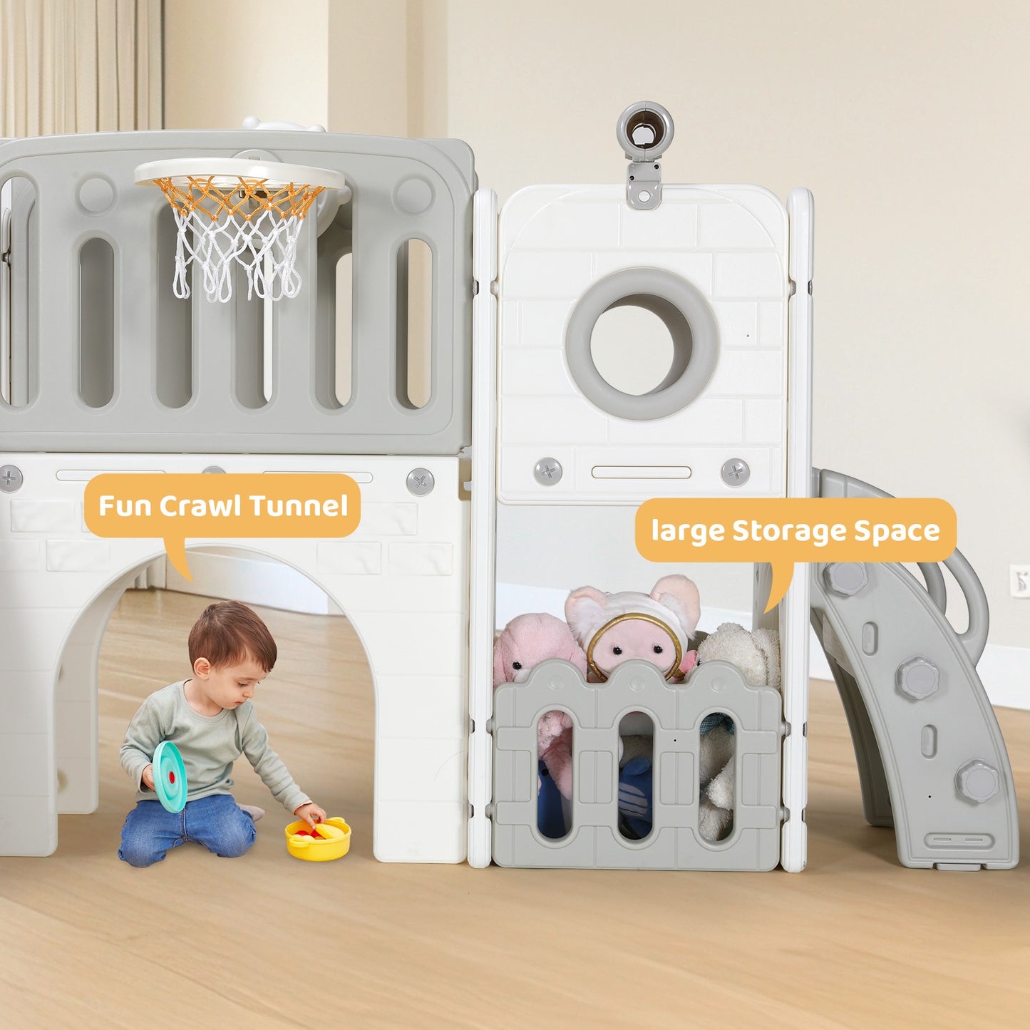 Toddler Slide, 9 in 1 Kids Slide and Climber Playset Indoor Outdoor Playground for Children, w/Basketball Hoop & Ball Telescope