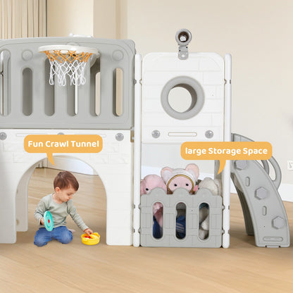 Toddler Slide, 9 in 1 Kids Slide and Climber Playset Indoor Outdoor Playground for Children, w/Basketball Hoop & Ball Telescope