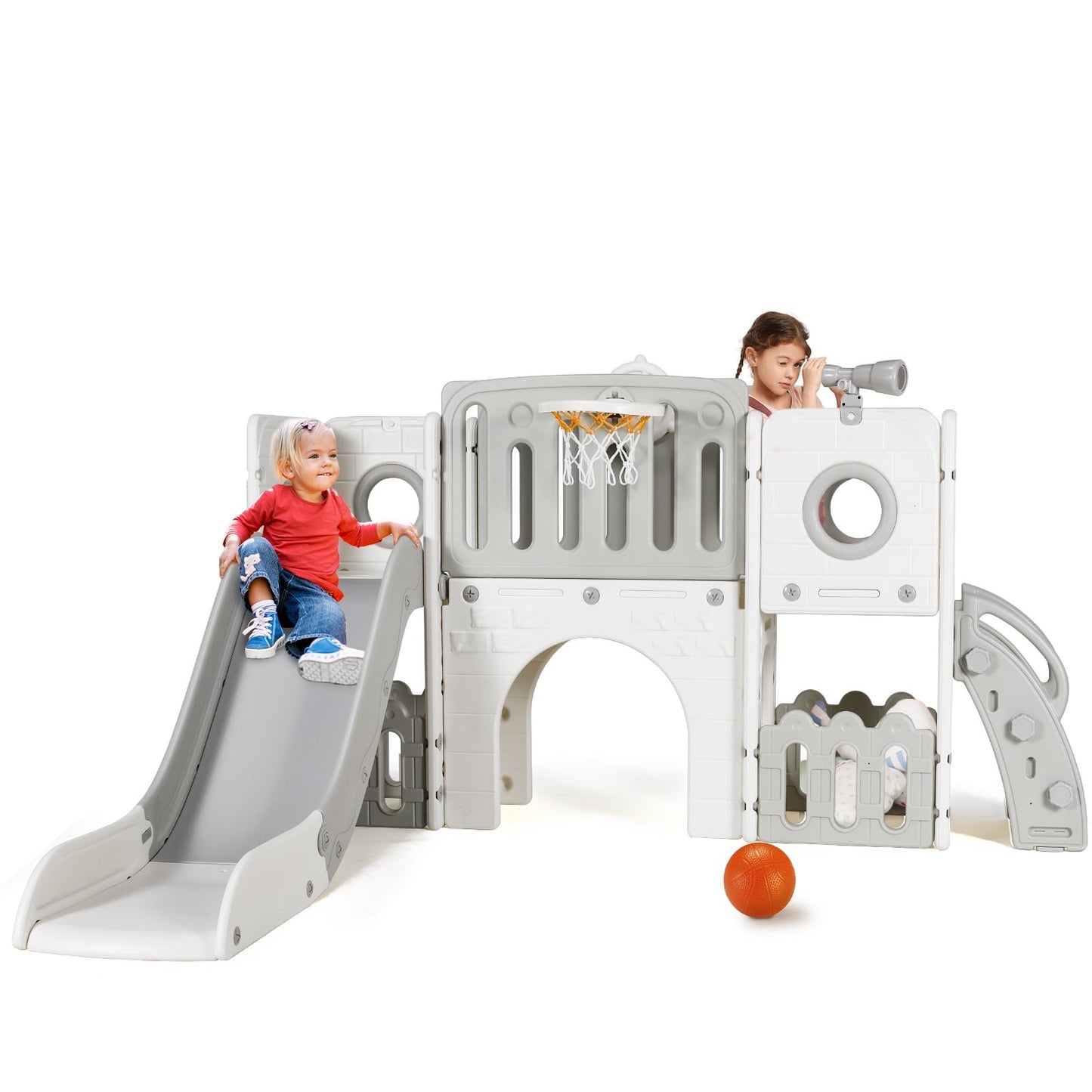 Toddler Slide, 9 in 1 Kids Slide and Climber Playset Indoor Outdoor Playground for Children, w/Basketball Hoop & Ball Telescope