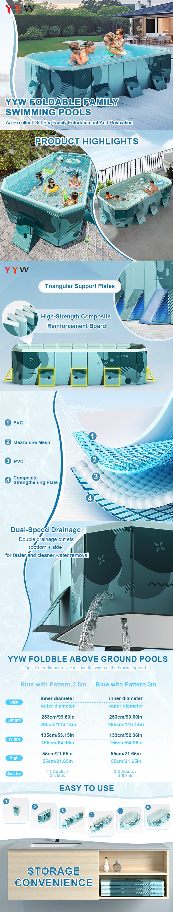 Foldable Pool For Family Non Inflatableframe Outdoor Swimming Pool Kiddie Pools Thickened Support Above Ground For 1~8 People Can Connected Water Pump