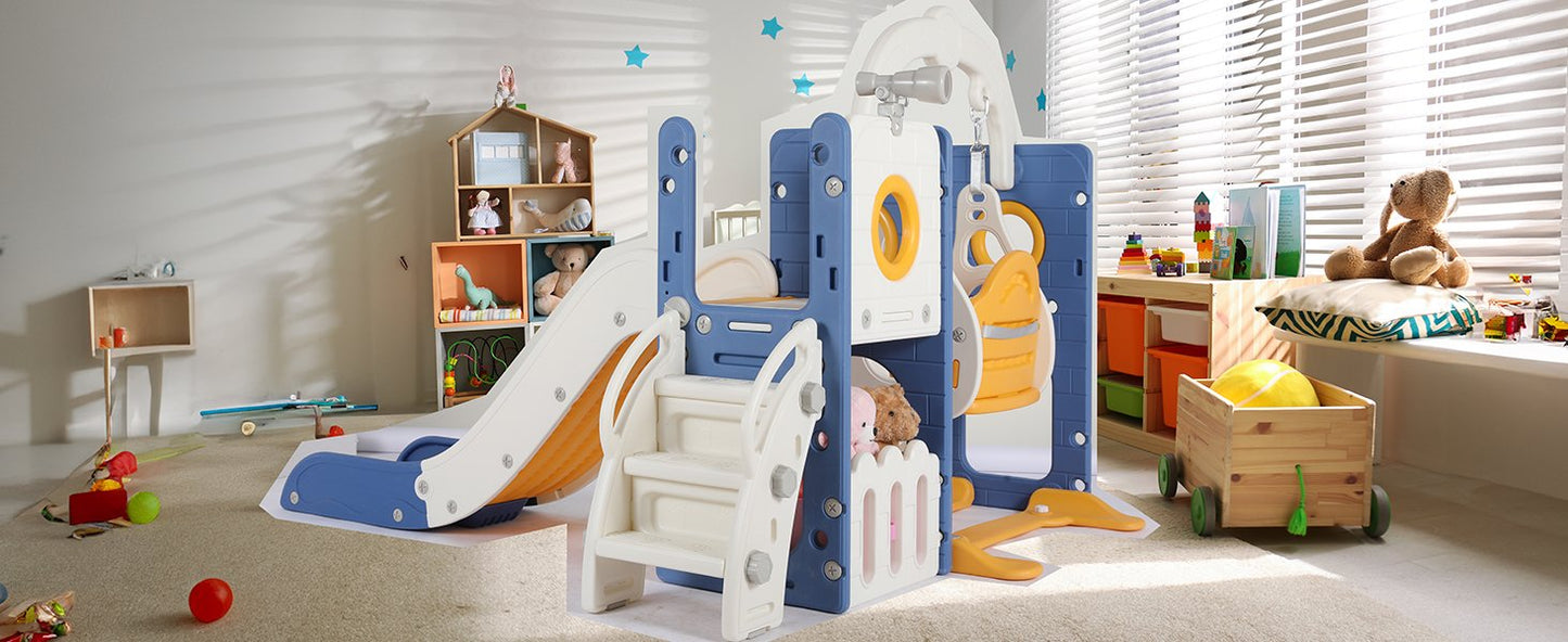3-in-1 Toddler Slide Climber Playset, Freestanding Slide for Kids Indoor Outdoor Toy W/ Telescope, Tunnel, Basketball Hoop, Ball