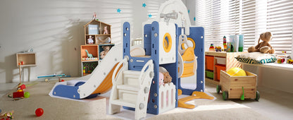 3-in-1 Toddler Slide Climber Playset, Freestanding Slide for Kids Indoor Outdoor Toy W/ Telescope, Tunnel, Basketball Hoop, Ball