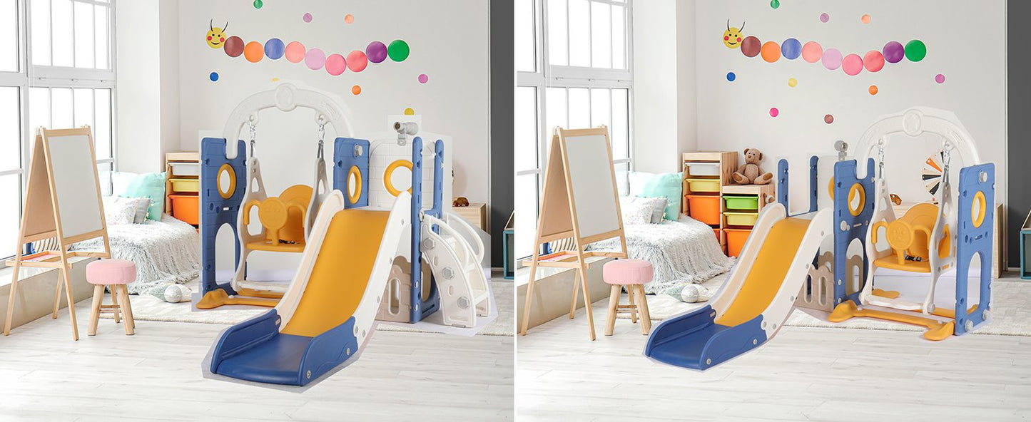3-in-1 Toddler Slide Climber Playset, Freestanding Slide for Kids Indoor Outdoor Toy W/ Telescope, Tunnel, Basketball Hoop, Ball