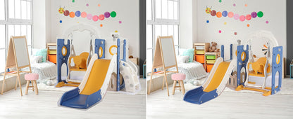 3-in-1 Toddler Slide Climber Playset, Freestanding Slide for Kids Indoor Outdoor Toy W/ Telescope, Tunnel, Basketball Hoop, Ball