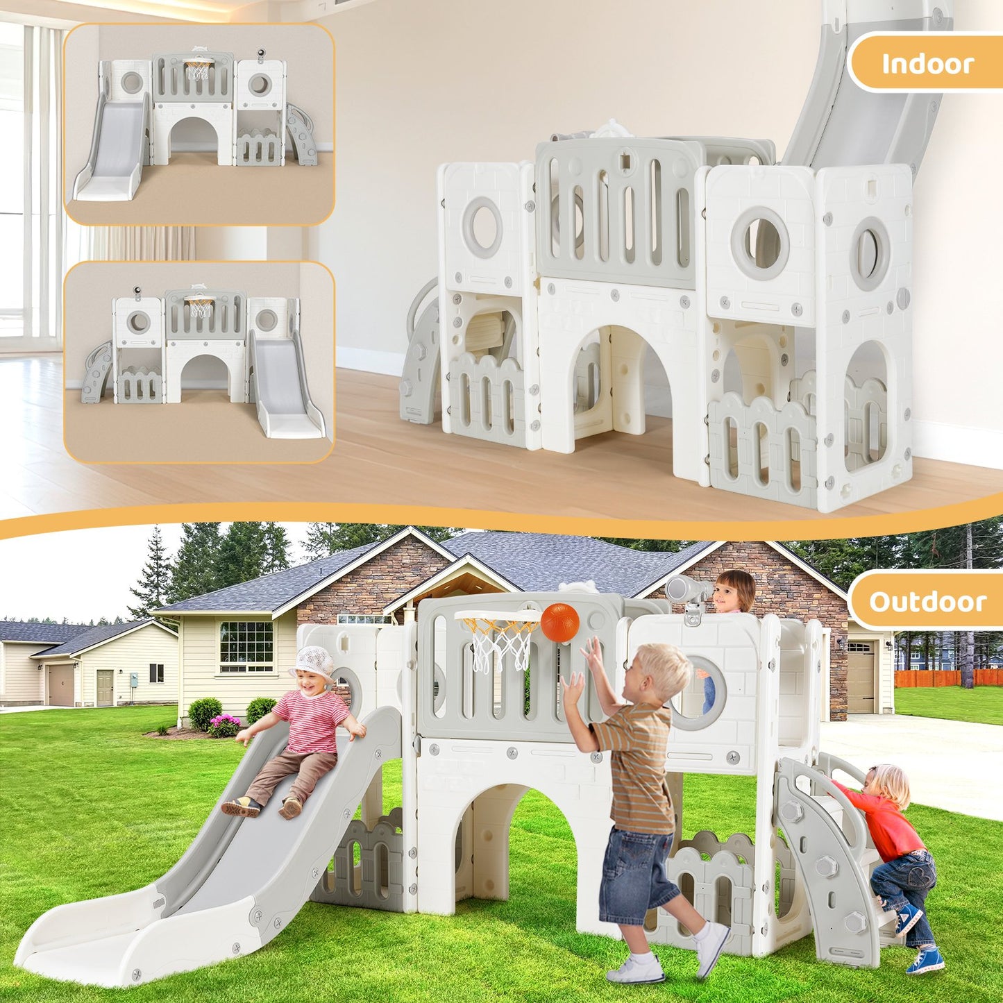 Toddler Slide, 9 in 1 Kids Slide and Climber Playset Indoor Outdoor Playground for Children, w/Basketball Hoop & Ball Telescope