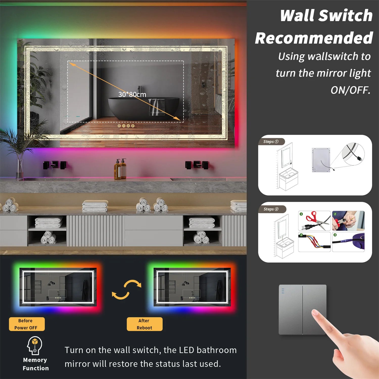 Large Bathroom LED Vanity Mirror RGB Color Changing Backlit Bathroom Mirror Shatterproof Dimmable Anti-Fog Led Mirror