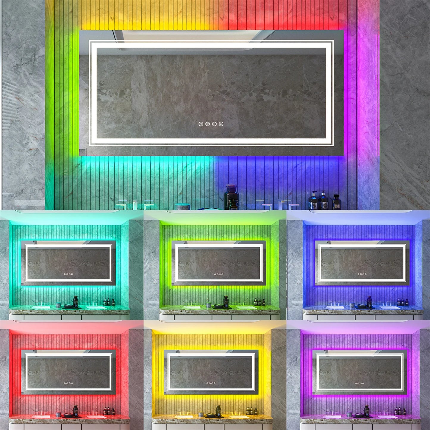 Large Bathroom LED Vanity Mirror RGB Color Changing Backlit Bathroom Mirror Shatterproof Dimmable Anti-Fog Led Mirror