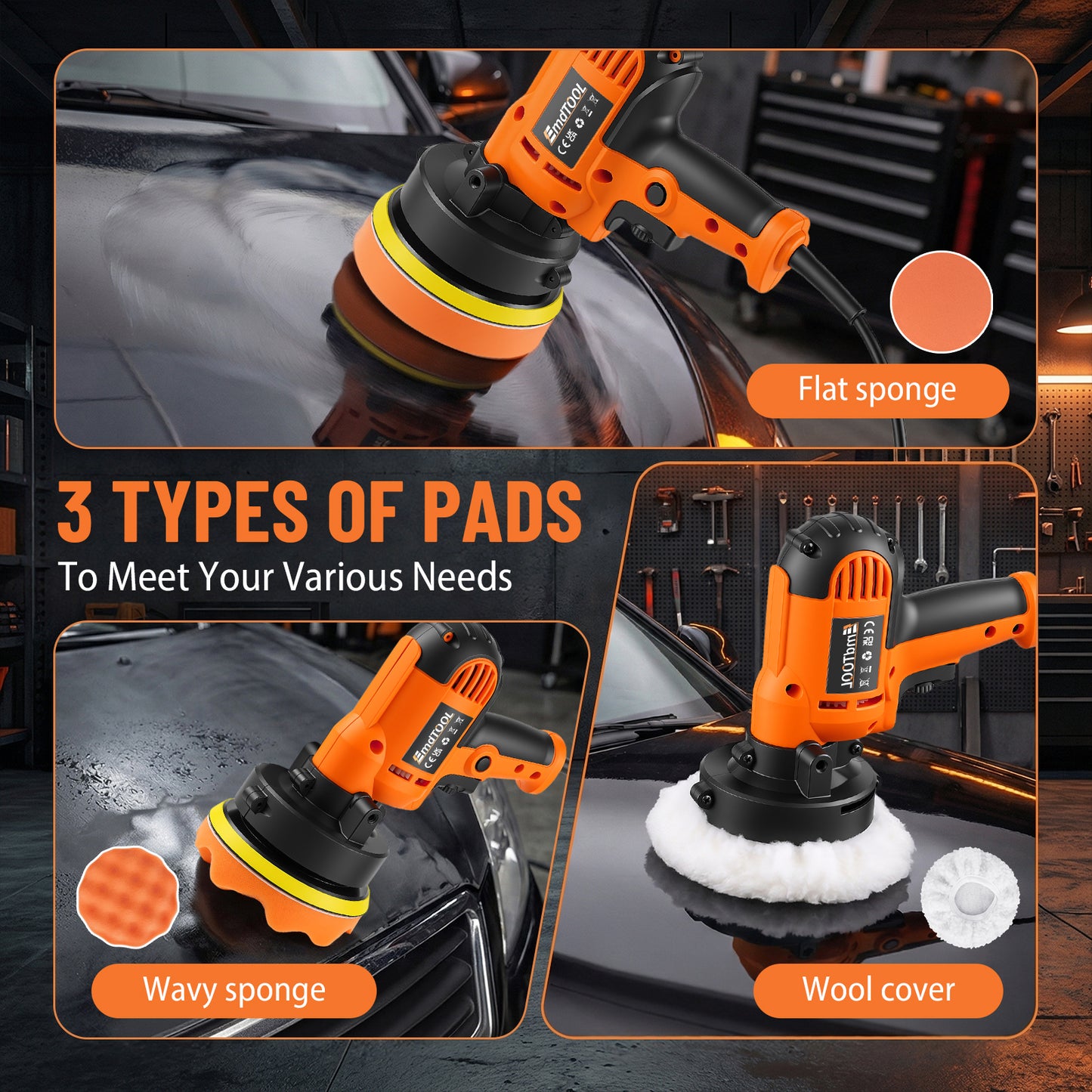 Buffer Polisher 1600W Electric Polishing Machines Portable Rotary Car Polisher with 0-3000 RPM Side Handles 3 Buffing Pads 125mm/5in Discs Perfect for Car Polish Floor Waxing Metal Descaling