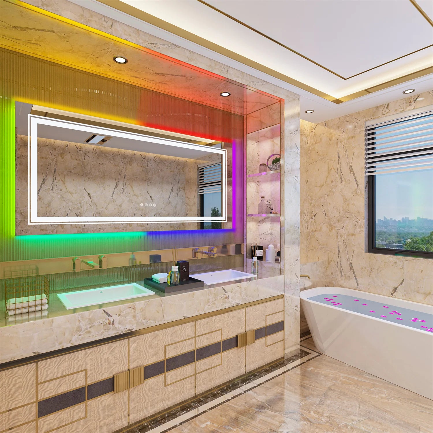 Large Bathroom LED Vanity Mirror RGB Color Changing Backlit Bathroom Mirror Shatterproof Dimmable Anti-Fog Led Mirror