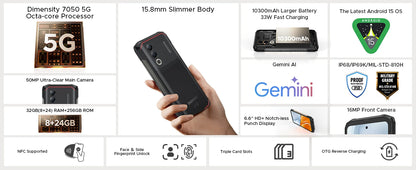 DOOGEE Blade20 Turbo 5G Rugged Phone Gemini Al 6.6'' Screen 10300mAh Battery 8GB 256GB 50MP Camera Android 15 NFC Mobile Phone