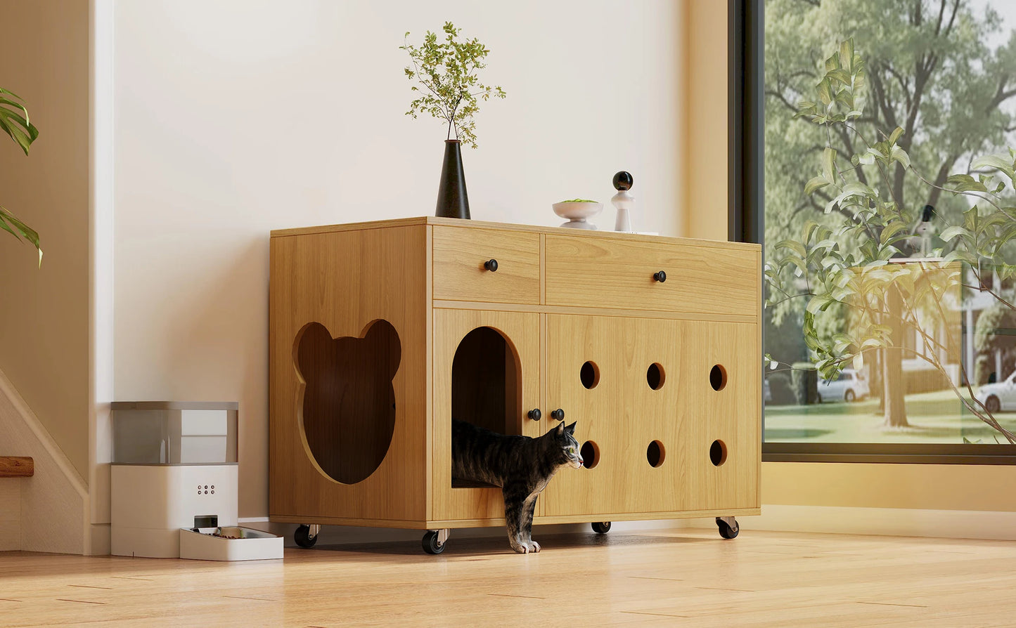 Wooden cat litter box cabinet/cat bed with drawers and wheels, multi-functional cat house furniture/portable cat toilet/storage cabinet, effectively controls odors, suitable for indoor cat house decoration.