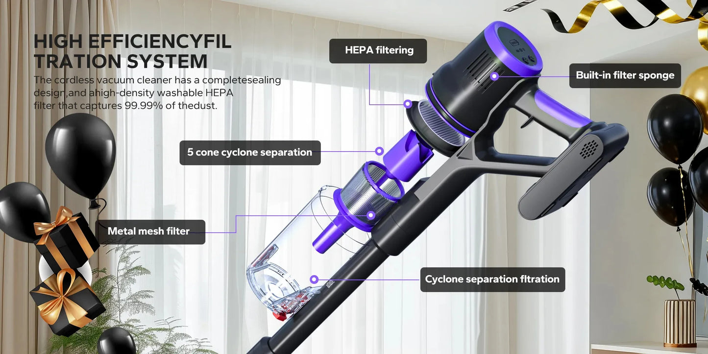 Blossom DSV112A Cordless Vacuum Cleaner 50000Pa 550W,180° Foldable Tube Touchscreen Stick Vacuum,55 Mins Runtime Anti-Tangle Roller Brush HEPA Filtration LED Light Wireless Vacuum for Pet Hair Hard Floor Carpet