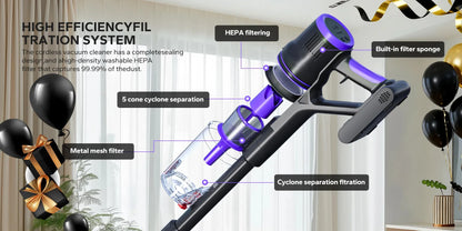 Blossom DSV112A Cordless Vacuum Cleaner 50000Pa 550W,180° Foldable Tube Touchscreen Stick Vacuum,55 Mins Runtime Anti-Tangle Roller Brush HEPA Filtration LED Light Wireless Vacuum for Pet Hair Hard Floor Carpet