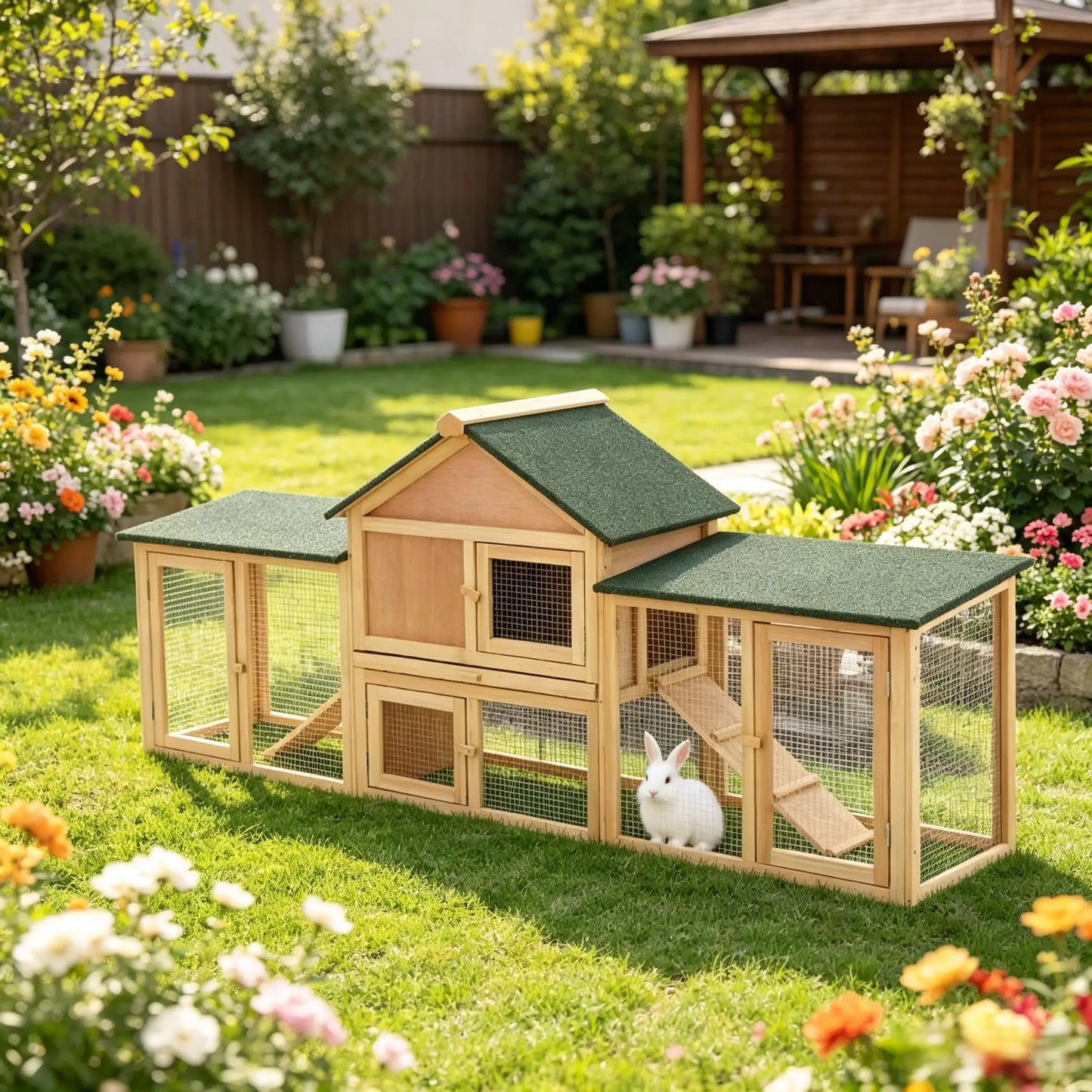 Large Outdoor Wooden Rabbit Hutch with Double Side Run Enclosures, Waterproof Asphalt Roof, Lockable Access Doors, Spacious Resting House and Activity Play Space, Weatherproof Pet Cage for Rabbits, Guinea Pigs and Small Outdo