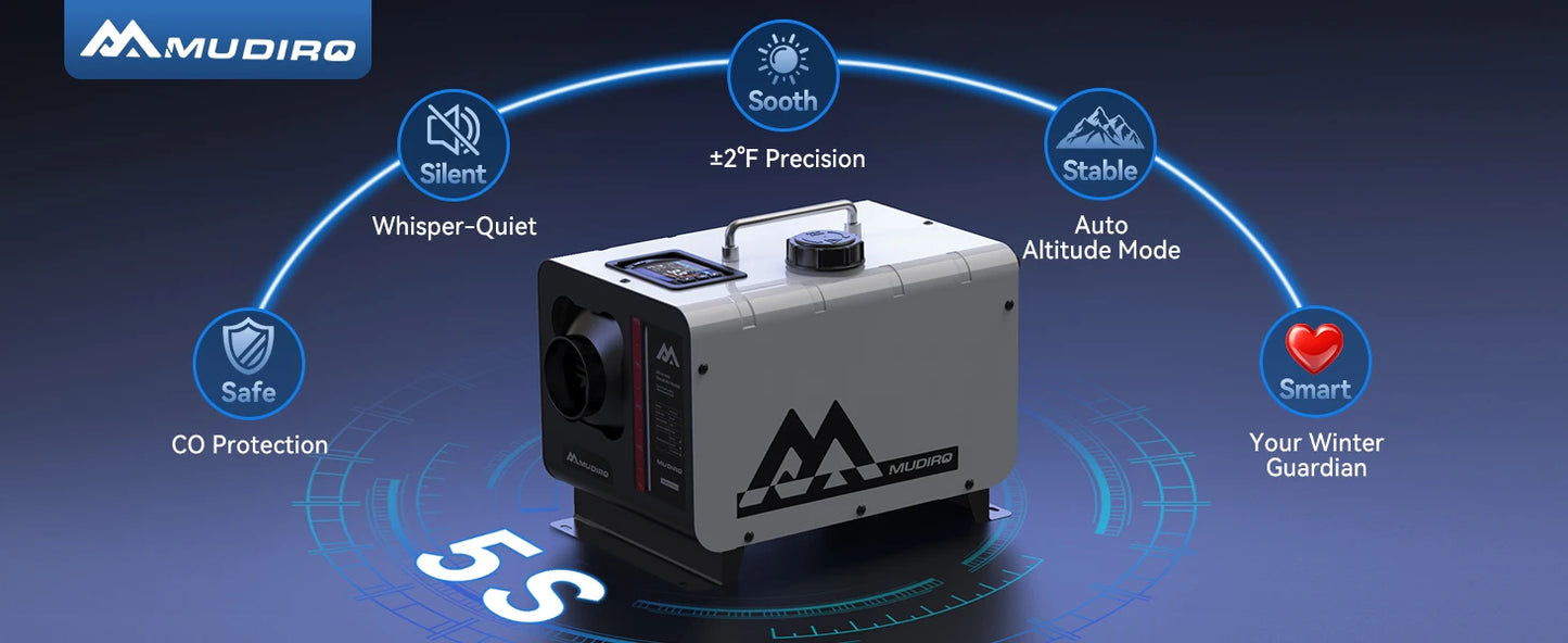 MUDIRO M-5S EVO-H Diesel Air Heater, CO Protection,Custom Alarm & Auto Shutoff, Whisper-Quiet, ±2°F Precision Temp, 5500m Auto-Adaptive Altitude,Smart LCD Bluetooth & Remote, Auto Start/Stop, for Car/Truck/RV/Boat/Tent/Bus/