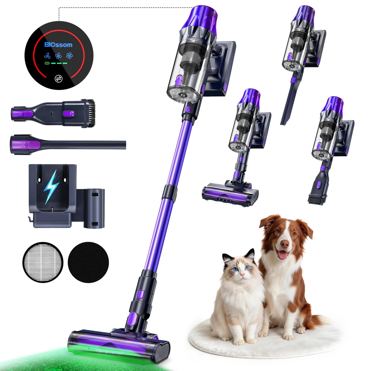Blossom V20 Cordless Vacuum Cleaner, 650W Brushless Motor, 55KPa Powerful Suction, 65Min Runtime, Green LED Light, for Pet Hair Hardwood Carpet