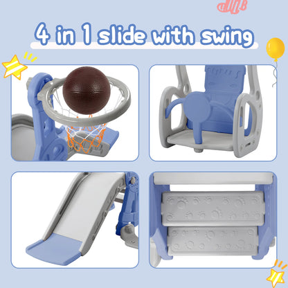Children's playground Set, 4-in-1 Toddler Slide and Swing Combination, Independent Children's Climbing Slide, with Basketball Hoop, Suitable for Both Indoor and Outdoor Use, an Ideal Gift for Boys and Girls