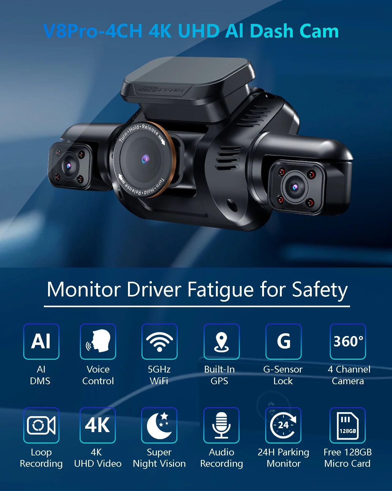 HUPEJOS V8Pro-4CH 360° 4K Dash Cam AI Driver Monitor System Built-in WiFi GPS,Night Vision,Voice Control,24H Parking Mode