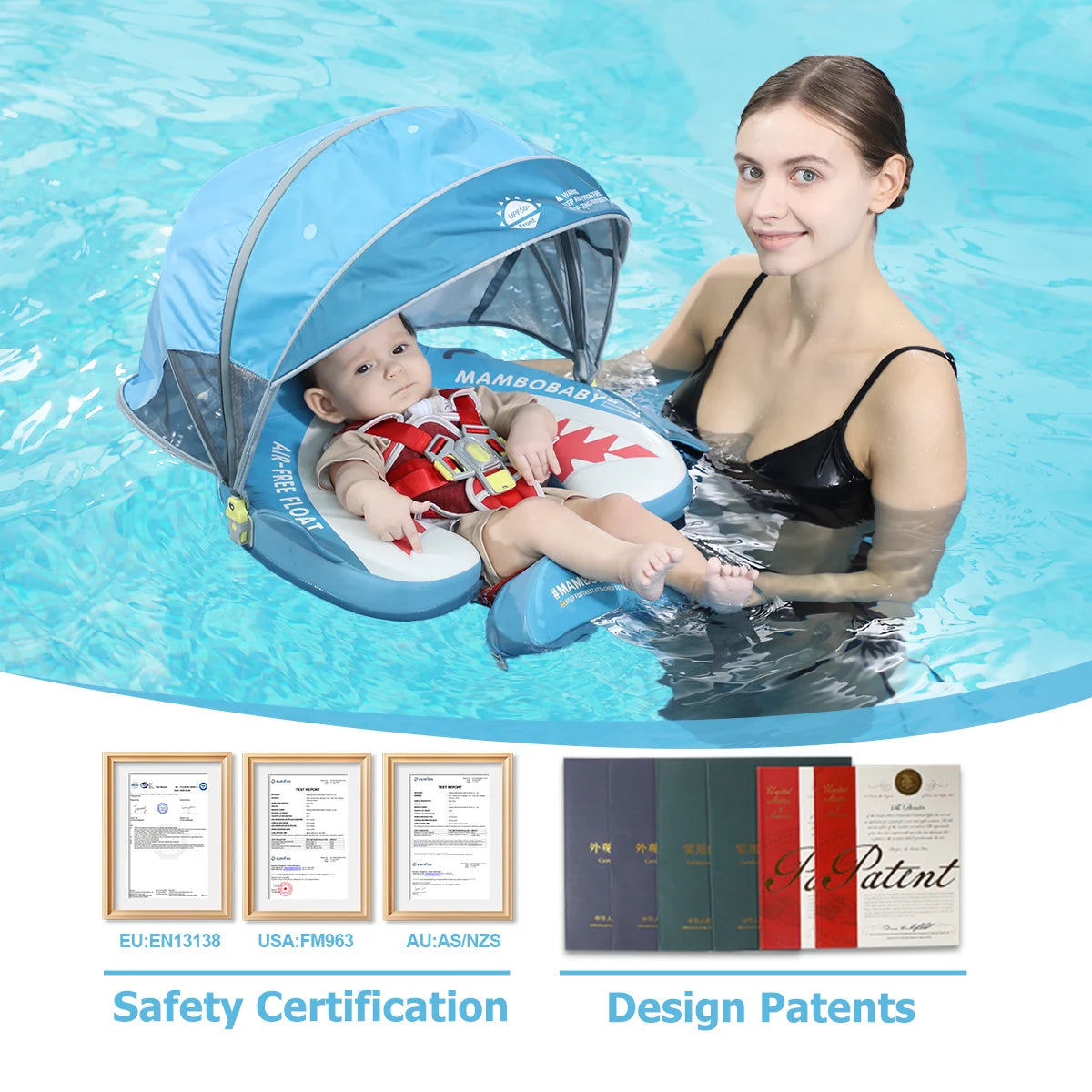 Mambobaby Float Safe Solid Core Comfort Skin-friendly Design with Canopy Baby Swimming Ring Toddler Pool Float Infant Water Ring