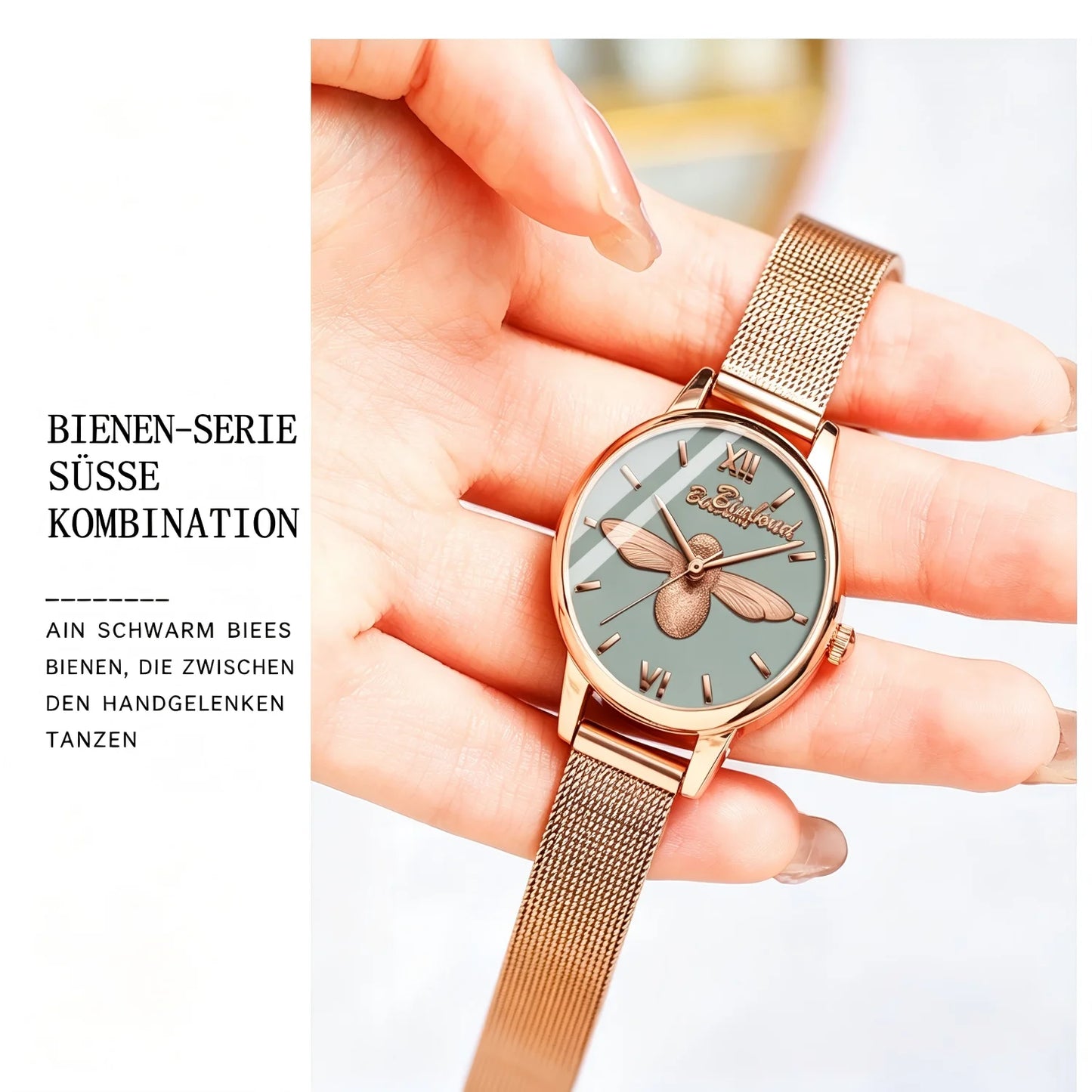Women’s Quartz Watch, Elegant Ladies’ Wristwatch with Stainless Steel Mesh Band, 3ATM Water Resistant, 30mm Gray Dial, Rose-Gold Fashion Design with 3D Bee, Comes in a Gift Box—Perfect for Women at the Office or for Eve
