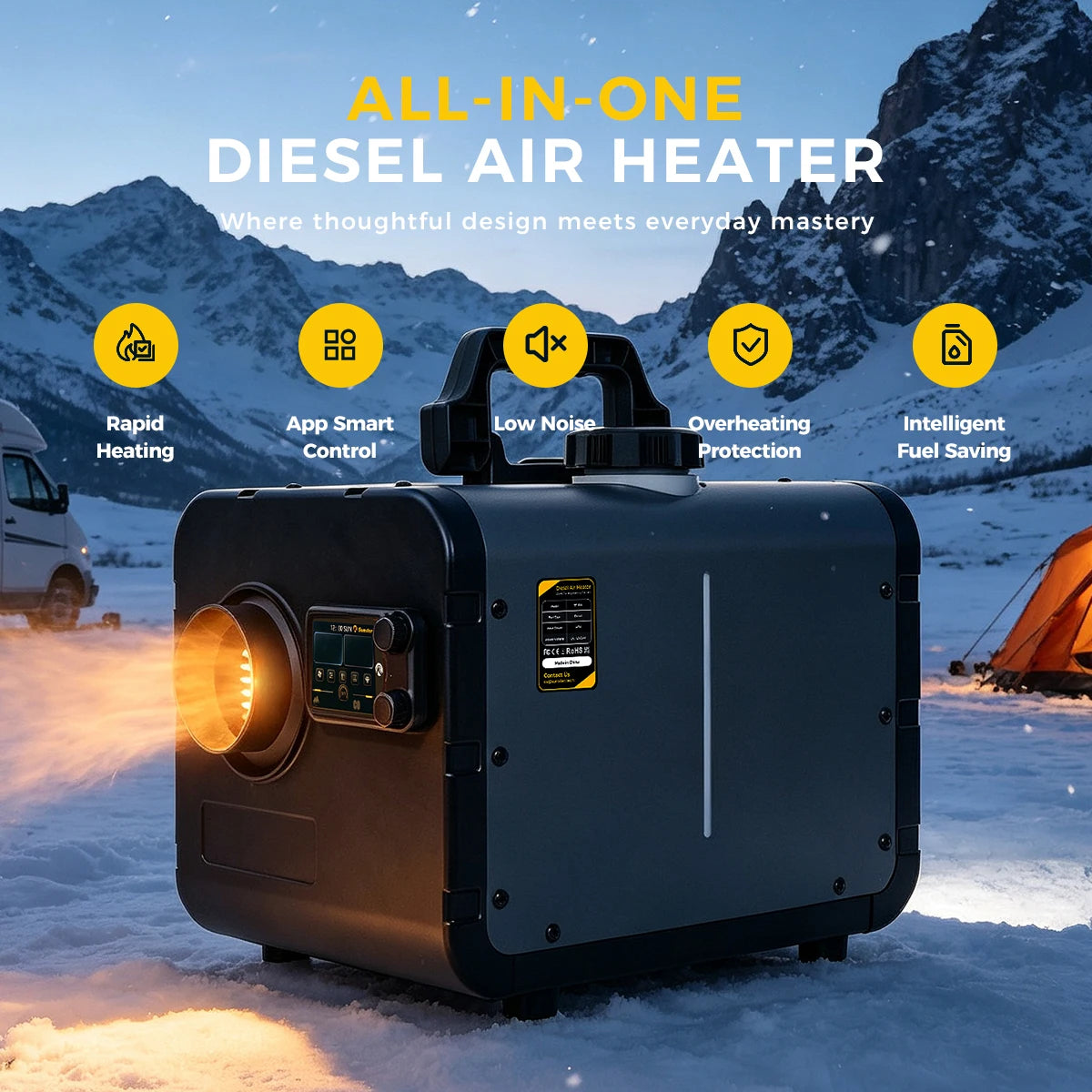 8KW Diesel Air Heater WiFi &Bluetooth App Control 12V/24V DC & 110-240V AC Dual Brushless Motor CO Monitor Remote Parking Heater