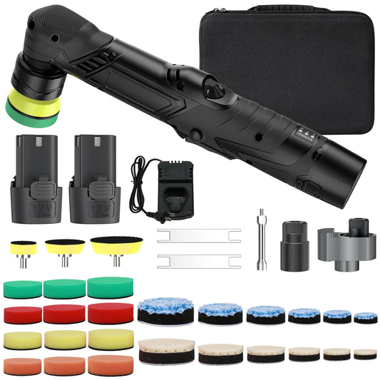 1/1.5/2 Inch Mini Cordless Car Polisher Kit 11 Variable Speed 2500-6000Rpm Da Rotary Polisher with 2X2.0Ah Batteries&Polishing Pads