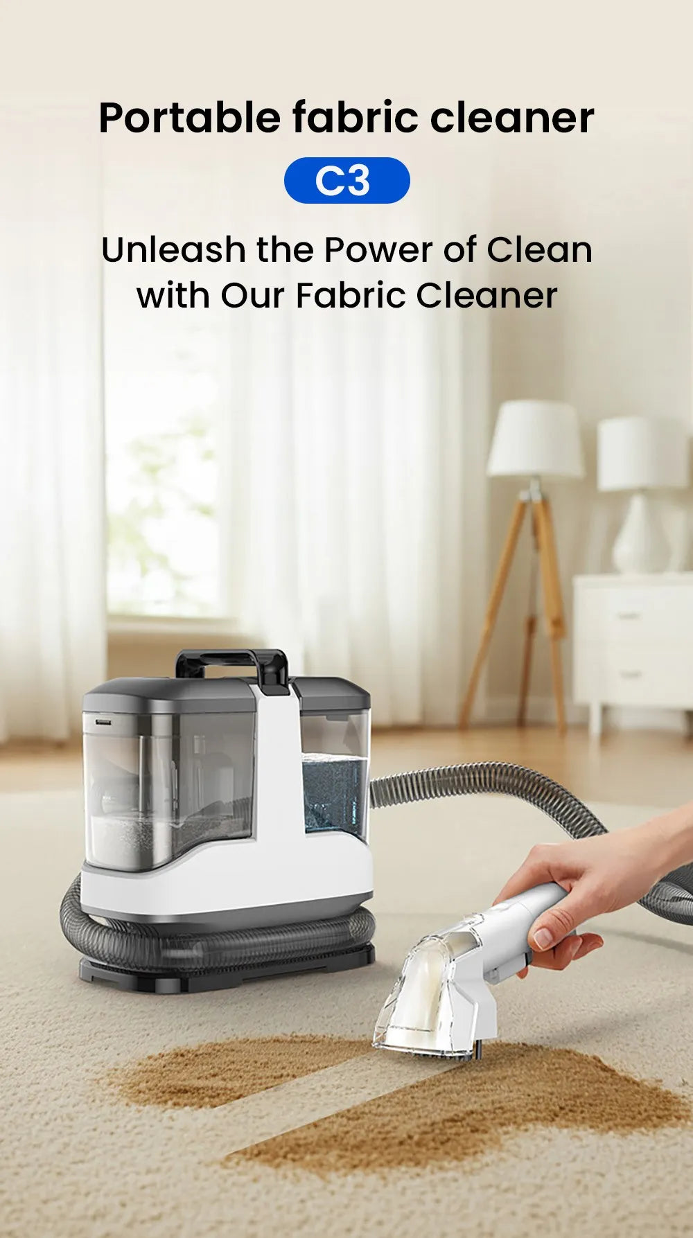 MAMNV C3 Portable Fabric Cleaner 13000Pa Suction 500W Brush Motor 1.5m Flexible Hose 1000ml Clean & 500ml Waste Tanks Lightweight & Quiet Multi-Purpose Upholstery Cleaner for Sofa/Carpet/ Mattress/Car