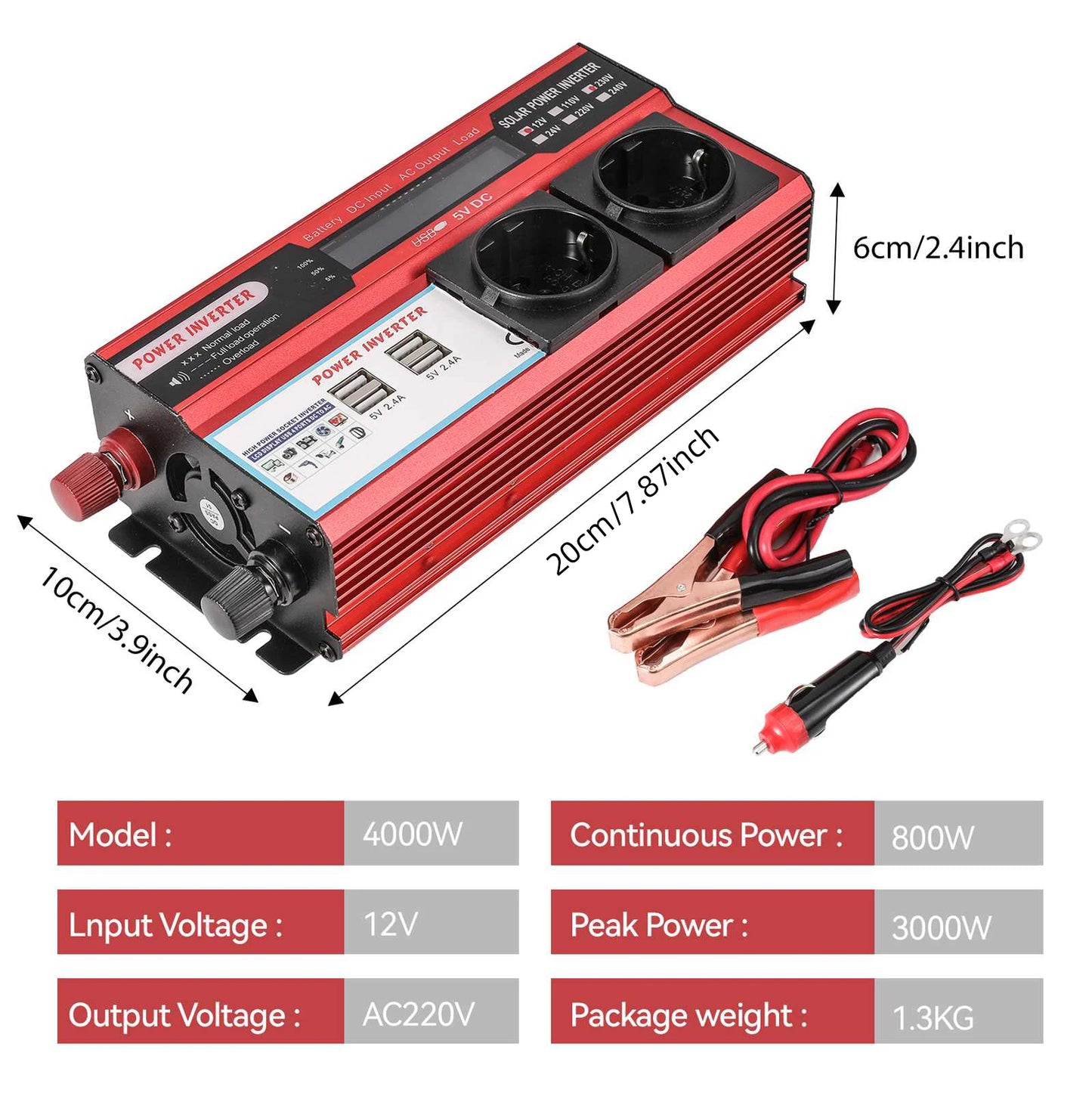 4000W 3000W Power Inverter DC 12V to AC 220V 230V Transformer with 4 USB EU Sockets Charging with LED Display